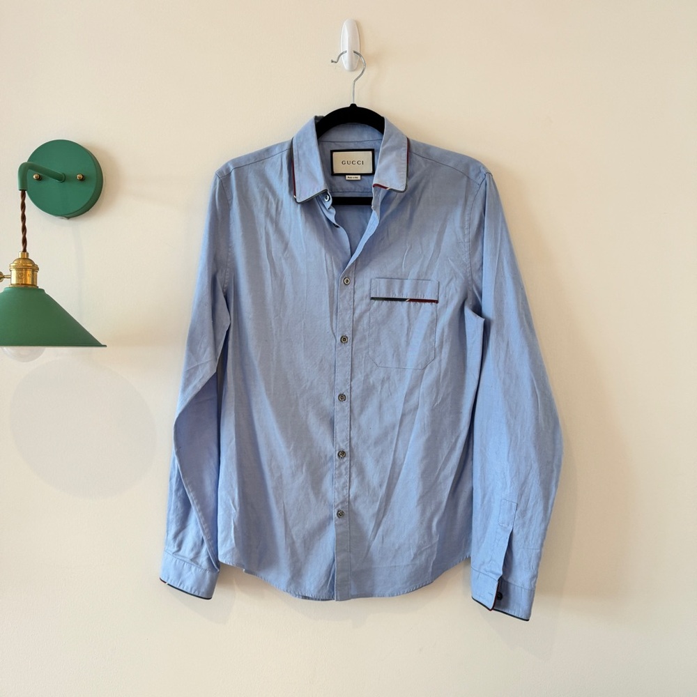 Gucci Duke Oxford Dress Shirt in Light Blue with Multi-Color Trim